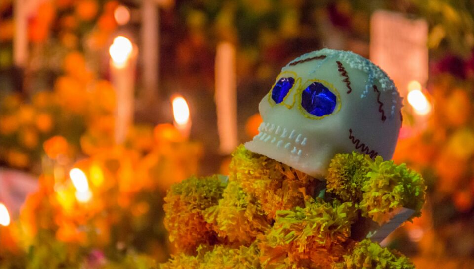 Sugar skull on an ofrenda in Mexico for Day of the Dead